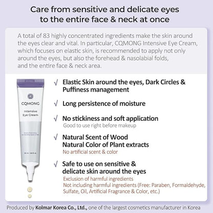 Intensive Eye Cream 1.01 fl oz for hydrating, wrinkles, elastic skin, dark circles, puffiness, fine lines, eye bags under eyes | Hyaluronic Acid, Collagen, Peptide | Korean skincare