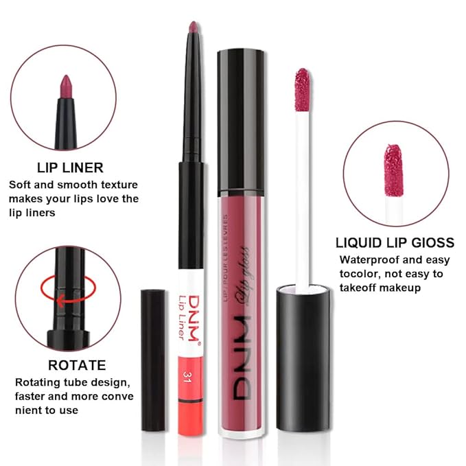 BINGBRUSH 2 Colors Liquid Matte Lipstick and Lipliner Set, Red Nude Lip Tint 24 Hour Waterproof Velvet Nonstick Cup Lipgloss Lip Stain Pigmented Lip Makeup Gift Sets for Girls and Women Labiales31&32