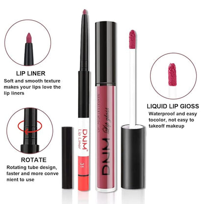 BINGBRUSH 2 Colors Liquid Matte Lipstick and Lipliner Set, Red Nude Lip Tint 24 Hour Waterproof Velvet Nonstick Cup Lipgloss Lip Stain Pigmented Lip Makeup Gift Sets for Girls and Women Labiales31&32