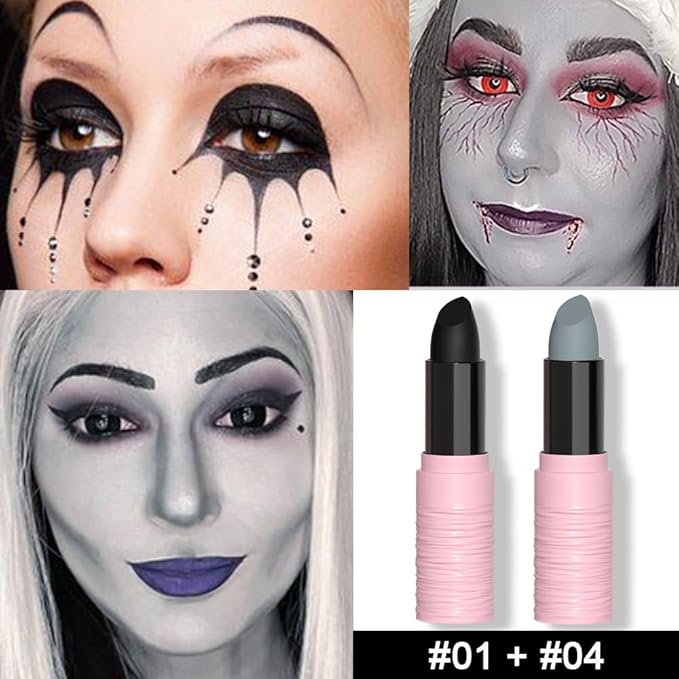 Kaely 2Pcs Lip Face Body Paint Stick,Eye Black Stick,Halloween Cosplay Birthday Party Clown Makeup Sets,Easy to Color,Black Gray Matte Lipstick Set,labiales magicos 24 horas originales