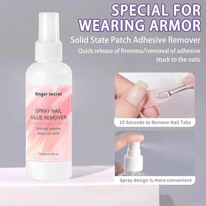 Nail Glue Remover 4oz for Press On Nails,Easily Remove Fake Nail Tips Gel x Nails Spray Remover Solid Nail Glue Remover Kit with Cuticle Pusher,10 PCS Orange Wood Sticks for Nails Nail Salon