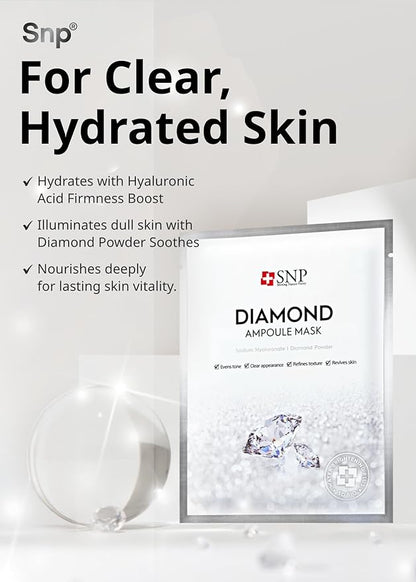SNP [K Beauty Diamond Ampoule Sheet Mask | Tightening, Hydrating, and Nourishing with Real Diamonds for All Oily Skin Types | Korean Face Mask Skincare | Facial Moisturizing | 10 Sheets