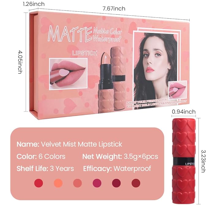 evpct 6Pcs Velvet Matte Lipstick Sets for Women, Ruby red Nude pink Dusty rose Plum purple Wine red Dark Red Lipstick Waterproof Lip Stick Stain Makeup Gift Sets labiales mate 24 horas originales C