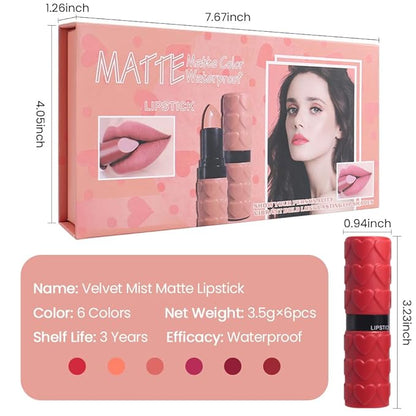 evpct 6Pcs Velvet Matte Lipstick Sets for Women, Ruby red Nude pink Dusty rose Plum purple Wine red Dark Red Lipstick Waterproof Lip Stick Stain Makeup Gift Sets labiales mate 24 horas originales C