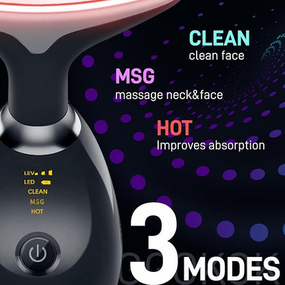 Face Massager with Led Light: 7-Color Facial Device - Neck Wrinkles Tightening Wand - Vibration Tool for Skin Care, Black