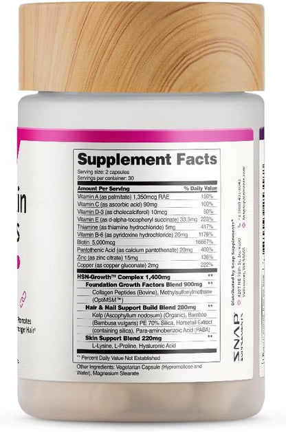 Snap Supplements Hair, Skin and Nails Vitamins, Support Hair Growth, Nourish Skin and Nails with Biotin, Collagen, Kelp, Bamboo and Other Vitamins, Radiant Skin, Strong Hair and Nails, 60 Capsules