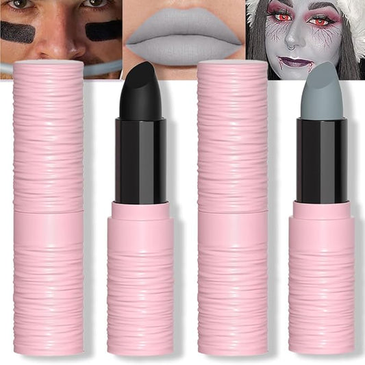 Kaely 2Pcs Lip Face Body Paint Stick,Eye Black Stick,Halloween Cosplay Birthday Party Clown Makeup Sets,Easy to Color,Black Gray Matte Lipstick Set,labiales magicos 24 horas originales