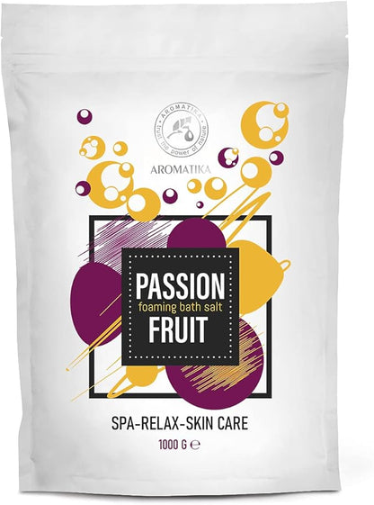 Foaming Bath Sea Salt Passion Fruit 35 Oz (1000g) Bubble Bath Salts with Almond & Grape Seed Essential Oil & Passion Fruit Extract for Bath Soak - Relaxing Bath - Aromatherapy Bath Salts