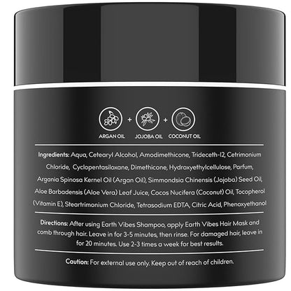 Earth Vibes Hydrating Argan Oil Hair Mask Conditioner - Deep Conditioning & Moisturizing - Hair Treatment For Dry Damaged Hair - Sulfate Free - Organic Jojoba Oil, Coconut Oil (8 Oz/226g)