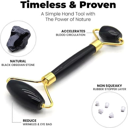 ROSELYNBOUTIQUE Gua Sha Facial Tools & Face Roller for Wrinkless Natural Skincare Tool Jade Roller Guasha Tool for Face Facial Massager (Black Obsidian)