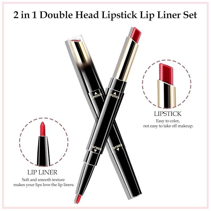 Boobeen 2 in 1 Double Head Lipstick & Lip Liner Makeup Set Matte Velvet Lipgloss Lipstick Creamy Lip Pencil for Women, Long-lasting and Non-smudge