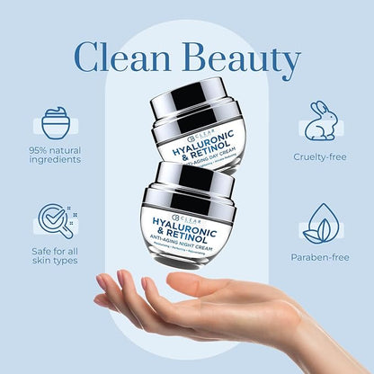 Hyaluronic Acid & Retinol Day/Night Moisturizer Set - Dermatologist Tested, Anti-Aging, Hydrating Fine Lines & Wrinkles, Clean Beauty, Cruelty-Free Korean Skin Care - 1.69oz (2 Pack)