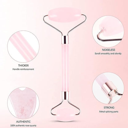 Jade Roller and Gua Sha Set - Natural Rose Quartz Face Roller- Face Massager Kit, Facial Jade Stone Roller for Skin Care, Eyes, Neck