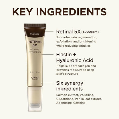 CKD Retinal 5X Gua Sha Eye Cream - Anti-Aging Eye Moisturizer for Wrinkles, Dark Circles & Puffiness – Firming & Hydrating Under Eye Treatment with Retinal & Collagen. Korean Skincare. 1.01 fl oz.
