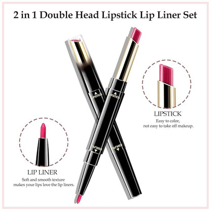 Boobeen 2 in 1 Double Head Lipstick & Lip Liner Makeup Set Matte Velvet Lipgloss Lipstick Creamy Lip Pencil for Women, Long-lasting and Non-smudge
