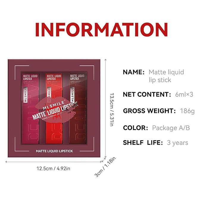 Matte Liquid Lipstick Makeup Set, 3Pcs Long Lasting Long