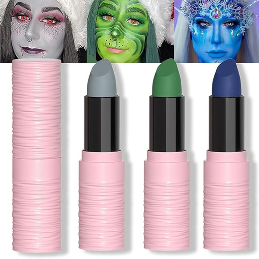 Kaely 3Pcs Lip Face Body Paint Stick,Eye Black Stick,Halloween Cosplay Birthday Party Clown Makeup Sets,Easy to Color,Gray Green Blue Matte Lipstick Set,labiales magicos 24 horas originales