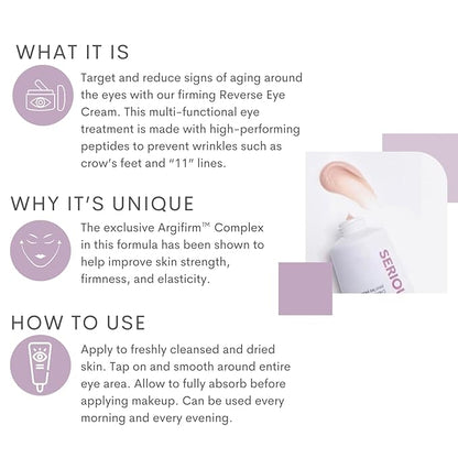 Serious Skincare - Reverse Lift Eye Cream Moisturizer with Peptides - Skin Firming Wrinkle Formula - Temporarily Lift & Firm Eye Lids and Eye Area – Women, Men - 1 Fl. Oz.