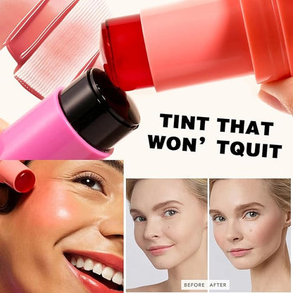 Cooling Water Jelly Tint Blush, Multi-Use Lip Stain Tint & Cheek Stick, Chill Poppy Pink Lip Gloss -1,000+ Swipes Per Stick Longlasting & Non-Stick Watercolor Effect Vivid Color (4 Colors)