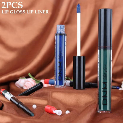 2 Colors Liquid Matte Lipstick and Lipliner Set, Blue Green Lip Tint 24 Hour Waterproof Velvet Nonstick Cup Lipgloss Lip Stain Pigmented Lip Makeup Gift Sets for Girls and Women Labiales21&23