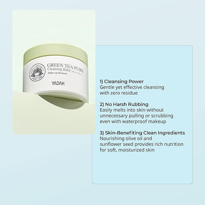 YADAH Green Tea Cleansing Balm (3.38fl oz) - Makeup Remover, Moisturizing, Residue-Free. Korean Skin Care. Vegan, Hypoallergenic.