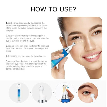 5% Caffeine Eye Serum, Anti-Aging Under Eye Roller Cream for Dark Circles Puffiness Wrinkles and Fine Lines, Korean Eye Care Cream with 360°Massage Ball, Eye Bags Treatment for Men and Women