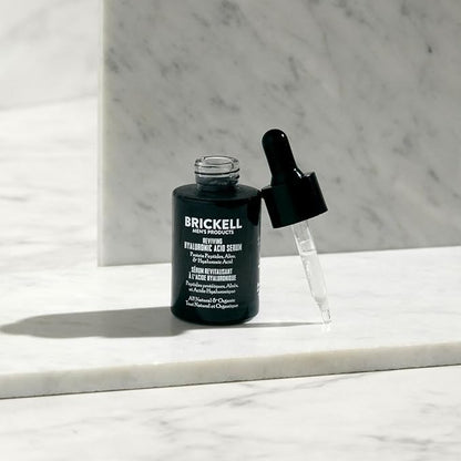 Brickell Men's Anti Aging Hyaluronic Acid Serum for Face, Reviving Day Serum for Men, Natural and Organic with Protein Peptides to Restore Firmness and Collagen, 1 Ounce, Scented