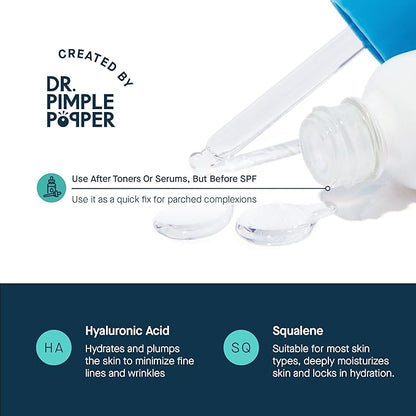 SLMD by Dr. Pimple Popper - Hyaluronic Acid Serum 1.0 fl. oz, Daily Hydration Booster with Squalane for Smooth, Dewy Skin – Lightweight, Fast-Absorbing Face Moisture for All Skin Types
