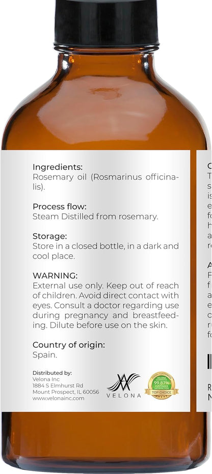 velona Rosemary Essential Oil - 4 Fl Oz | Hair growth | Therapeutic Grade 100% Pure and Natural | for Aromatherapy Diffuser, Massage, Skincare, Haircare, Soapmaking