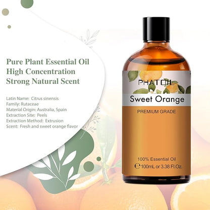 Sweet Orange 3.38fl.oz Essential Oil, PHATOIL Aromatherapy Essential Oils for Diffuser, Humidifier, Perfect for DIY Soap, Candle, Bath Bombs Making(100ml)