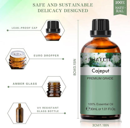 Cajeput 1.01fl.oz Essential Oil, PHATOIL Pure Aromatherapy Oils for Diffuser, Humidifier, Perfect for DIY Soap, Candle, Bath Bombs Making(30ml)