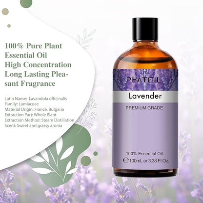 Lavender 3.38fl.oz Essential Oil, PHATOIL Aromatherapy Essential Oils for Diffuser, Humidifier, Perfect for DIY Soap, Candle, Bath Bombs Making(100ml)