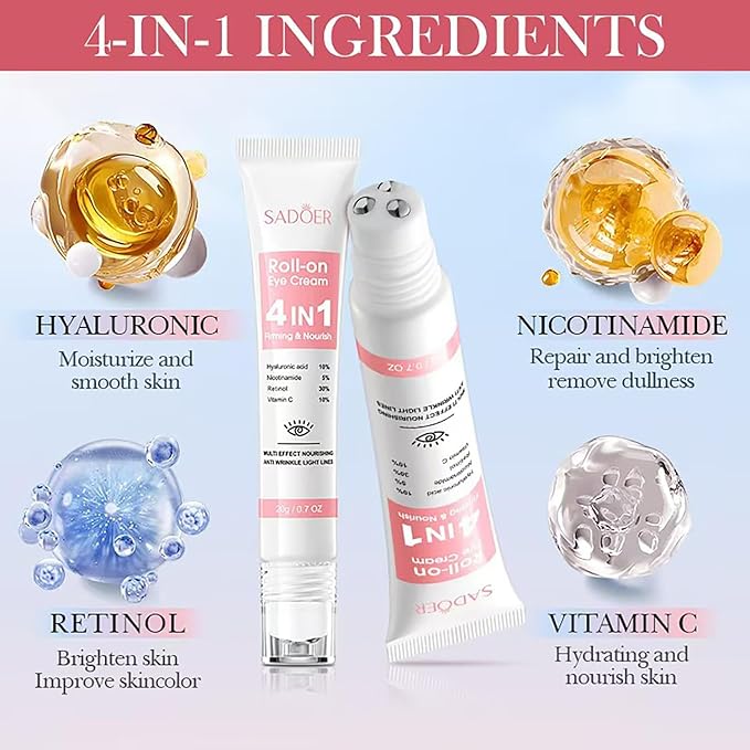 Eye Cream with 30% Retinol, 10% Hyaluronic Acid, 5% Nicotinamide, 10% Vitamin C for Puffy Bags Fine Lines Dark Circles Wrinkles, Under Eye Cream with 360° Roller Massage Ball, 0.7 fl. oz