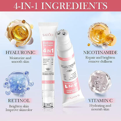 Eye Cream with 30% Retinol, 10% Hyaluronic Acid, 5% Nicotinamide, 10% Vitamin C for Puffy Bags Fine Lines Dark Circles Wrinkles, Under Eye Cream with 360° Roller Massage Ball, 0.7 fl. oz