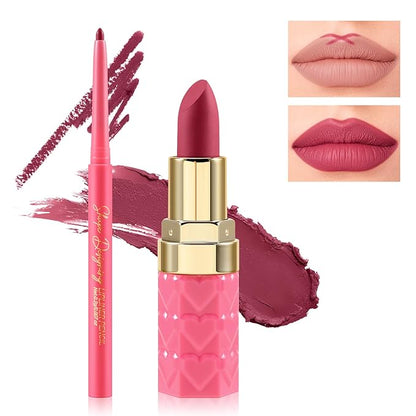 Boobeen 2Pcs Lip Liner and Lipstick Makeup Set, Lip Crayon Pencil Velvety Nude Lipliner Lip Gloss Make Up Gift Sets for Women, Ultra-Long-Lasting Matte but Not Dry (#P06)