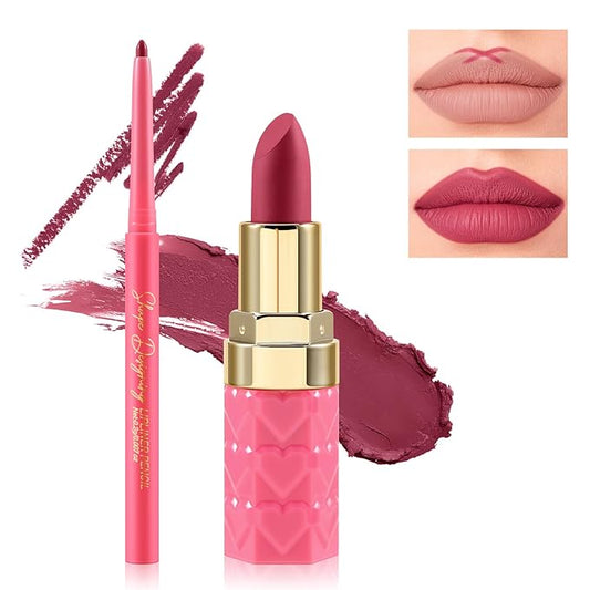 Boobeen 2Pcs Lip Liner and Lipstick Makeup Set, Lip Crayon Pencil Velvety Nude Lipliner Lip Gloss Make Up Gift Sets for Women, Ultra-Long-Lasting Matte but Not Dry (#P06)