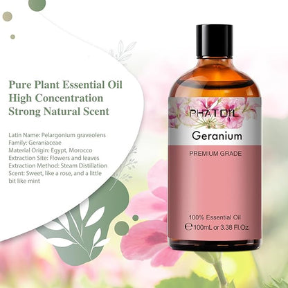 Geranium 3.38fl.oz Essential Oil, PHATOIL Aromatherapy Essential Oils for Diffuser, Humidifier, Perfect for DIY Soap, Candle, Bath Bombs Making(100ml)
