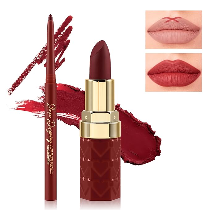 Boobeen 2Pcs Lip Liner and Lipstick Makeup Set, Lip Crayon Pencil Velvety Nude Lipliner Lip Gloss Make Up Gift Sets for Women, Ultra-Long-Lasting Matte but Not Dry