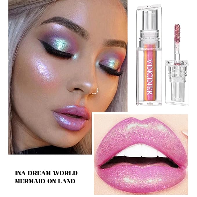 Pink Glitter Lipstick Diamond Metallic Shimmering Liquid Lipstick,High Shiny Lip Gloss Long Lasting Smudge-Proof Transfer-Proof Sparkle Glitter Lipstick & Eyeshadow,Aurora Glossy Lip Gloss Makeup(06#)