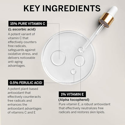 Vitamin C Face Serum: Anti Aging Facial Super Vit C Serum with Ferulic Acid Pure L-Ascorbic Acid, Vitamin E and Hyaluronic Acid for Dark Spots - 1 Fl Oz