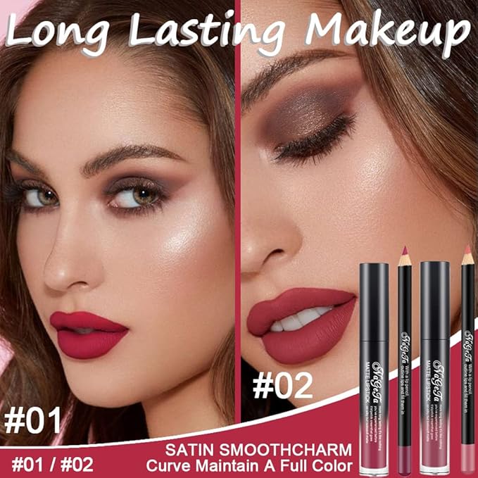 2 Colors Liquid Matte Lipstick and Lipliner Pack Set, Lip Tint Long Lasting 24 Hour Waterproof Velvet Nonstick Cup Lipgloss Lip Stain Pigmented Lip Makeup Gift Sets for Girls and Women Labiales