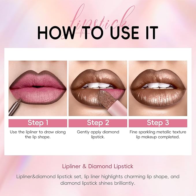 Metallic Dark Brown Lipstick Liner Set, Long Lasting Shiny Glitter Diamond Plump Lipstick Combos, Full Coverage High Impact Lip Color, Non Stick Cup Lightweight Lip Makeup for Women#8