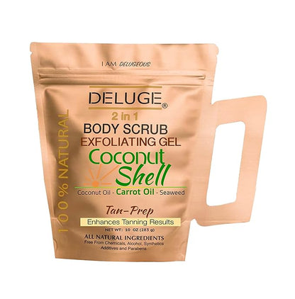Deluge Coconut Shell Scrub for Cellulite and Stretch Marks, Body Exfoliant and Hydrating Cellulite Treatment with Shea Butter, Coconut Oil and Dead Sea Salt Firms, Tones and Moisturizes Skin (10 oz)