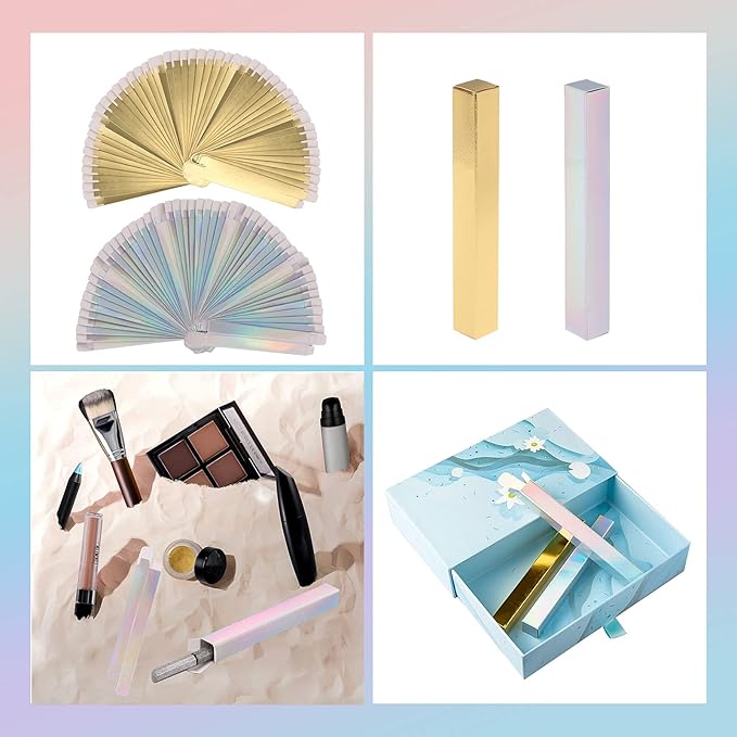 RONRONS 50 Pieces Holographic Gold Eyeliner Box Lip Gloss Boxes Packaging Twist Pen Wrapping Holder DIY Makeu Sample Wrapping Storage for Gifts Business Bulk, 14.5 x 1.6 x 1.6cm/5.7 x 0.63 x 0.63inch