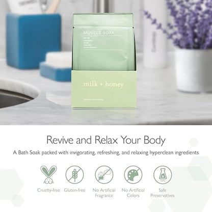 milk + honey Muscle and Bath Soak No. 18, with Eucalyptus, Arnica, Rosemary and Sweet Marjoram Moisturizing Soak, Sea Salt and Epsom Salt Bath, 6 Packets