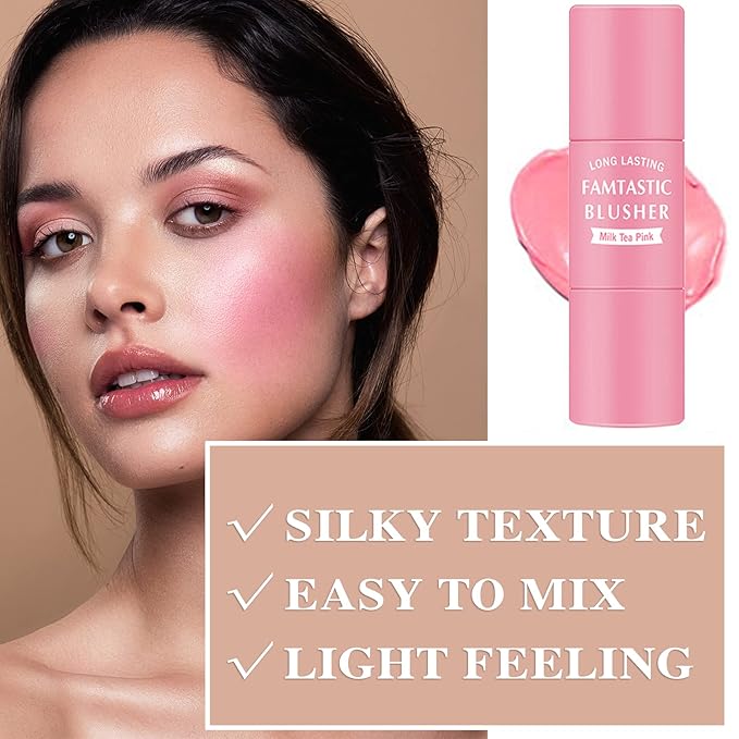 Waterproof Multi Cream Blush Stick with brush,Lightweight,Long-lasting,Easy To Tea Pink)