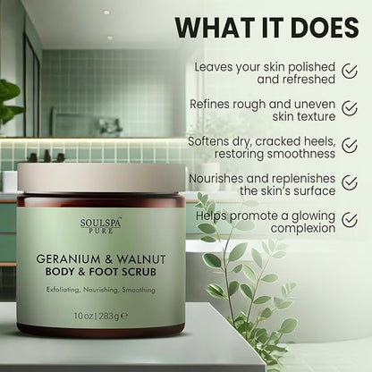 Geranium & Walnut Body & Foot Scrub | Nourishing & Smoothing Exfoliating Body Scrub for Enhanced Skin Texture, 10 oz