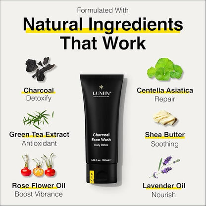 Lumin Charcoal Face Wash for Men Skincare - Daily Detox, Hydrating Face Cleanser, Removes Impurities, Exfoliates, Unclogs Pores, Controls Oil, Soothes Irritation, All Skin Types, 2 Pack