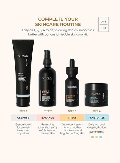 Buttah Skin Supreme Kit for Melanin Rich Skin | Oil-Free Hyaluronic Gel Cream 2 oz | Vitamin C Serum 1 oz | Cleanser 3.4 oz | Rosewater Toner 3.4 oz | Black Owned Skincare