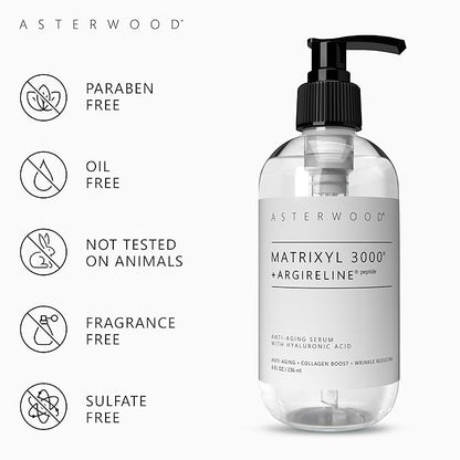 Asterwood Matrixyl 3000 + Argireline Serum with Hyaluronic Acid - Anti-Aging, Wrinkle Reducing, Collagen Boosting - Fragrance-Free - 8 Fl Oz